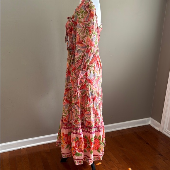 Farm Rio Macaw Flight Tiered Printed Cotton Smocked Floral Midi Dress Size M - Picture 10 of 17